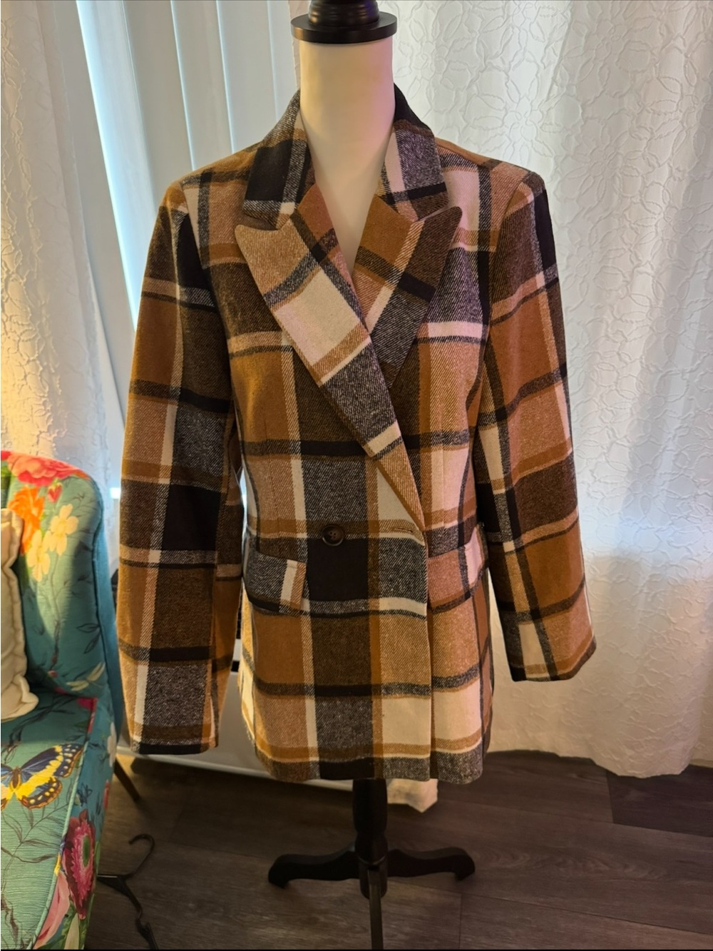 Plaid Single-Breasted Wool-Blend Coat in Brown
